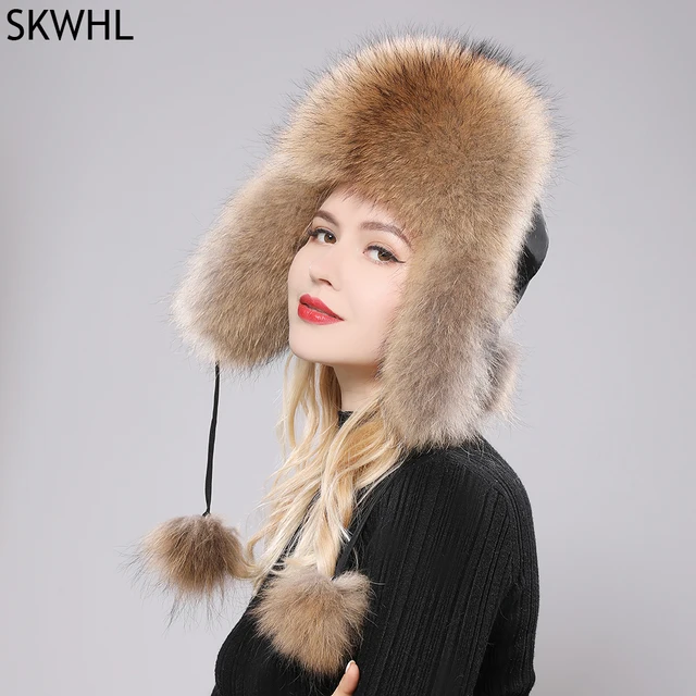New 100% Real Fox Fur Hats Women's Russian Ushanka Aviator Trapper Snow Skiing Hat Caps Earflap Winter Raccoon Fur Bomber Hat 1