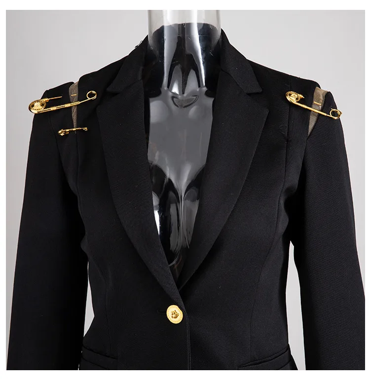 Very best  [EAM] Loose Fit Black Hollow Out Pin Spliced Jacket New Lapel Long Sleeve Women Coat Fashion Tide A