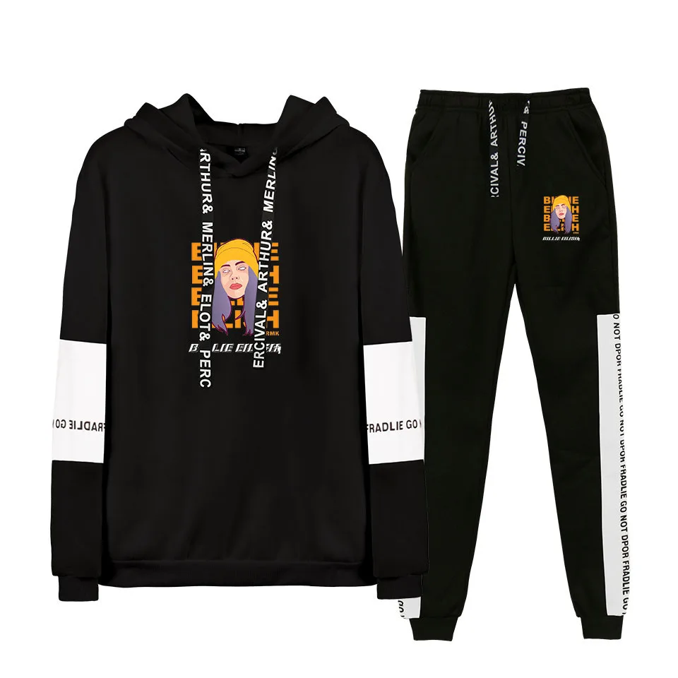 FRDUN/ осень/зима Billie Eilish горячая Распродажа толстовки/спортивные штаны для мужчин комплект из двух предметов с капюшоном бархатный костюм 4XL