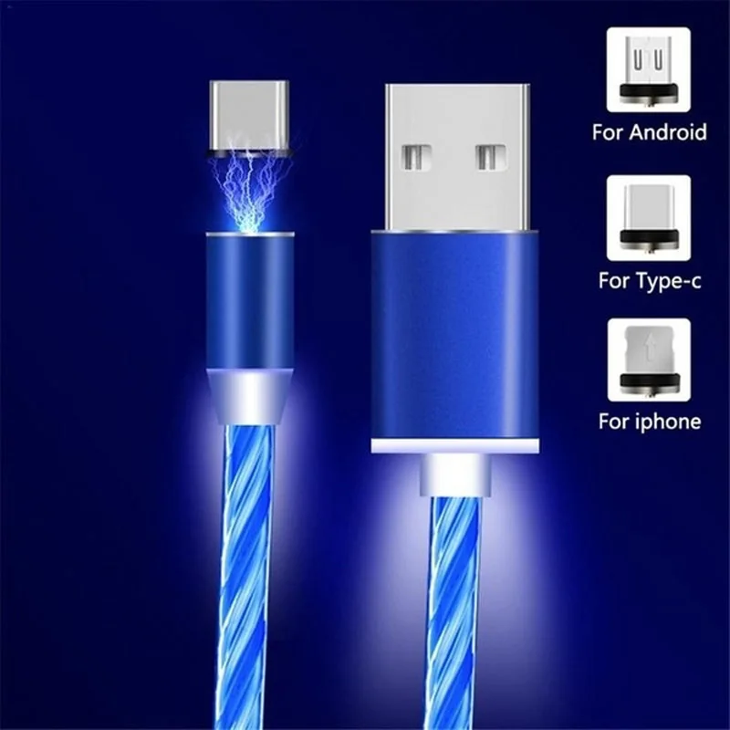 Магнитный зарядный кабель для мобильного телефона usb type C Flow светящееся освещение провод для передачи данных для iPhone Samaung huawei Micro USB кабель - Цвет: Синий