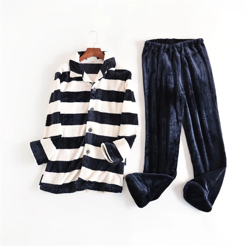 

Men's pajamas Winter flannel thickening sleepwear Warm striped pyjamas Men Coral fleece pajama Set