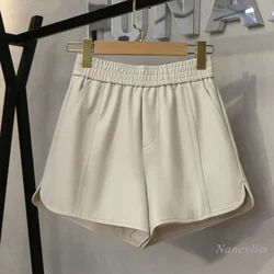 Calções de couro das mulheres 2021 outono e inverno novo elástico de cintura alta a line plutônio curto feminino casual larga perna bootcut all match
