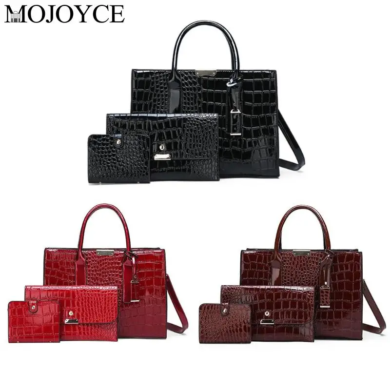 

3pcs/Set Crocodile Pattern PU Leather Top-handle Bags Lady Solid Color Messenger Bags Women Shoulder Handbags Purse Totes