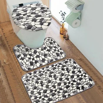

3Pcs Washable No-Slip Bathroom Pedestal Rug Carpet Toilet Lid Cover Bath Mat Set Creative Printing Bathroom Waterproof Cover Pad