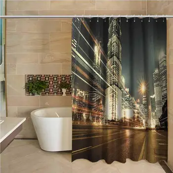 

City Hotel Quality Polyester Shower Curtain Shanghai Lujiazui Finance and Trade Zone of The Modern City Nighttime View Shower