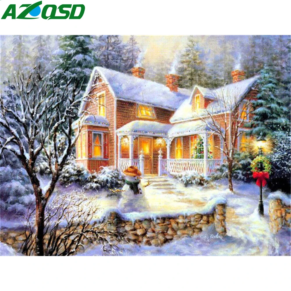 

AZQSD 5D Diamond Painting Mosaic Snow House Picture Of Rhinestones Diamond Embroidery Landscape DIY Needlework Home Decor