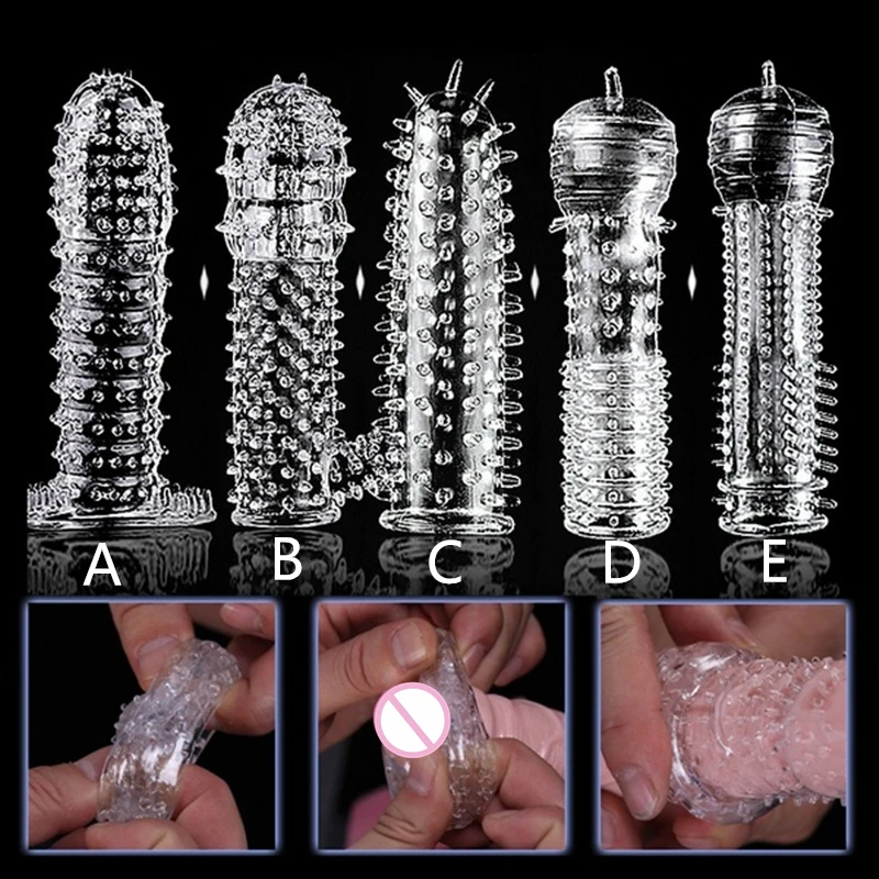 Extension Reusable Condom Penis Sleeve Male Enlargement Time Delay Spike Clit Massager Cover Crystal Clear Condoms Adult Sex Toy 1