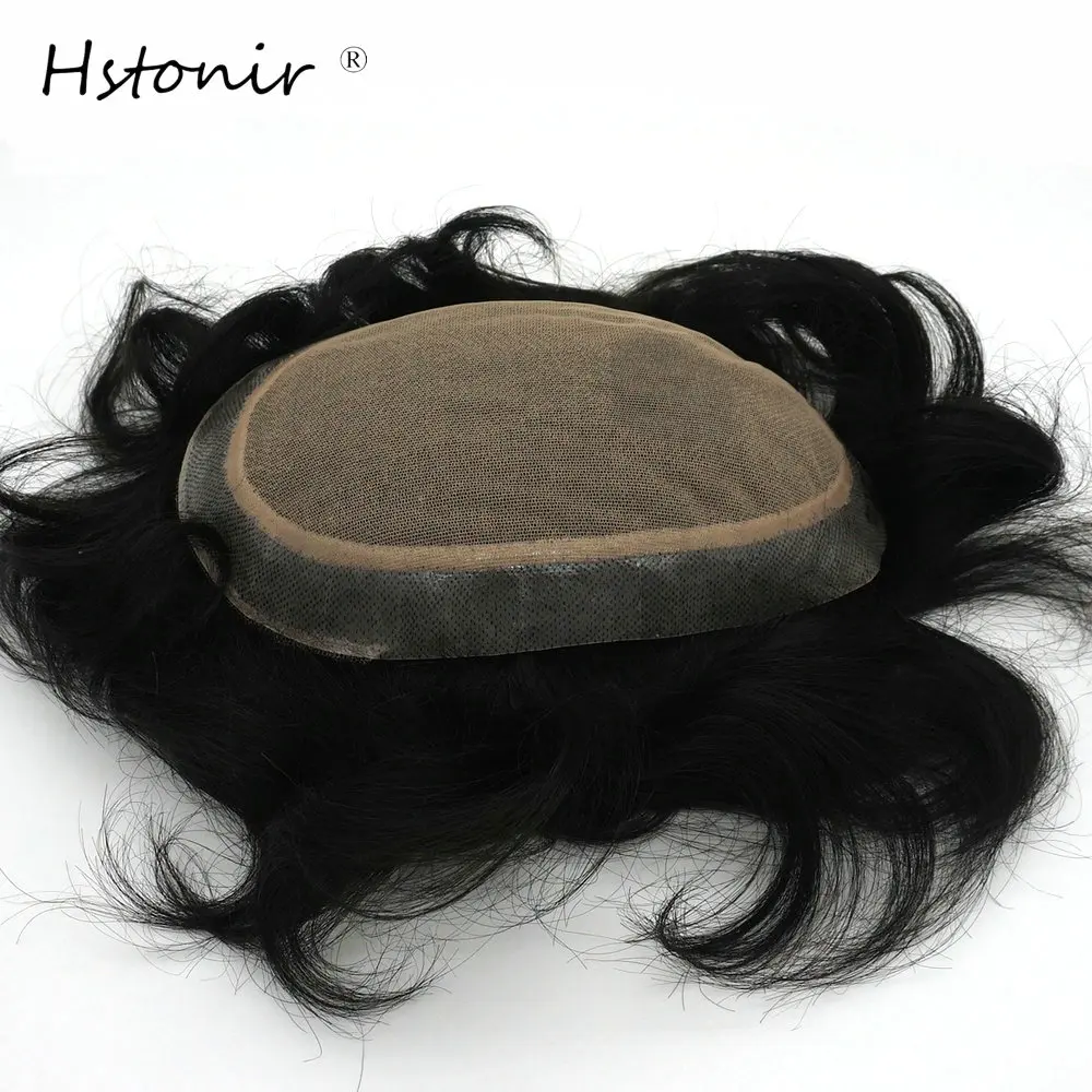 Hstonir, 5,5x9 дюймов, черный шелковистый парик, индийский Реми, человеческие волосы, мужской парик, невидимые узлы, шелковая основа, система волос H100