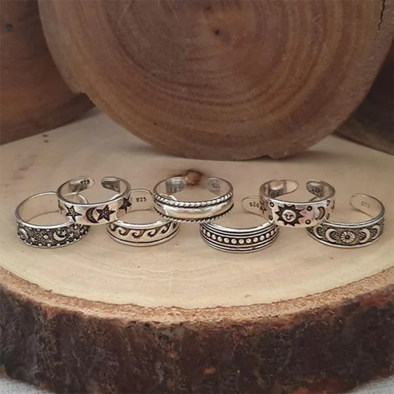 7 Uds. De anillos de punta de Luna y Estrella tallada hueca Retro para mujer, sortijas Bohemias de apertura anillo para dedo ajustable, joyería Bohemia para pie de playa