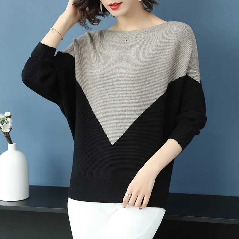 

Spring Autumn Batwing Sleeve Sweater Women Knit Pullover Loose Color Matching Sweater Jumper Casual Female Tops LP500