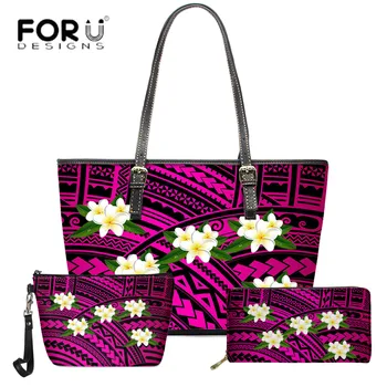 

FORUDESIGNS Luxury Design Women Purple Handbags Traditional Polysinian Pattern PU Leather Shoulder Bags 3pcs/set Shopping Totes