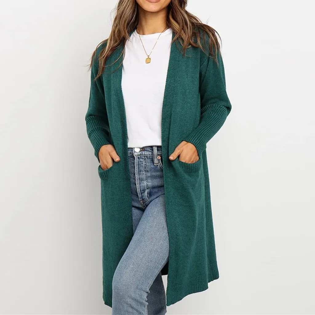 

Open Front Cardigan Sweaters Women Long Sleeve New Female Elegant Pocket Knitted Outerwear Sweater High Quality