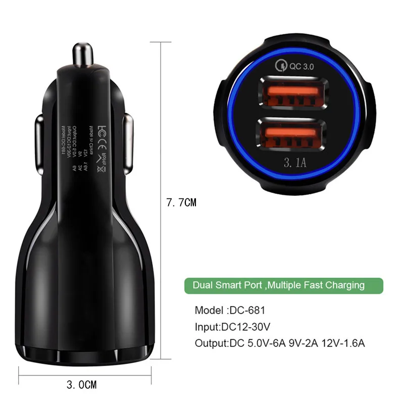 Автомобильное зарядное устройство Quick Charge 3,0 QC 3,0 Быстрая Зарядка адаптер двойной USB Автомобильное зарядное устройство для iphone Micro usb type C кабель зарядное устройство для телефона s