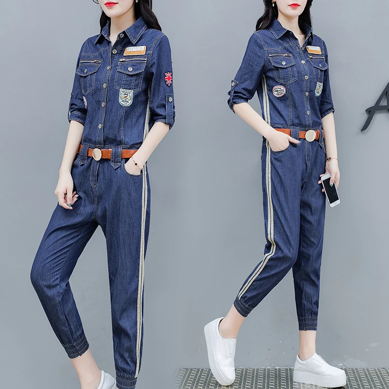 

European Station 2019 Spring New Casual Lapels Women's Loose Body Nine Points Denim Jumpsuit Rompers Set Cowboy Big Size S-3XL