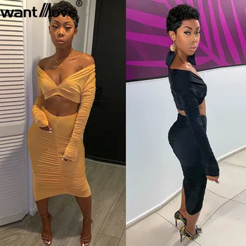 

Wantmove autumn 2 piece set women sexy fold long sleeve crop top slim midi skirt solid 2019 new club women 2 piece set WM934