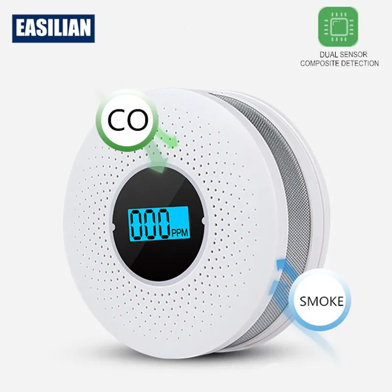 Detector de humo compuesto 2 en 1 CO, con pantalla LCD, monóxido de carbono y sensor dual de cigarrillo con flash LED, alarma de fuego para el hogar