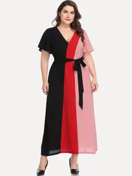 

Amtivaya Plus Size Women Dress Summer Maxi Dresses V Neck Short Sleeve Loose Clothes with Sash 2020