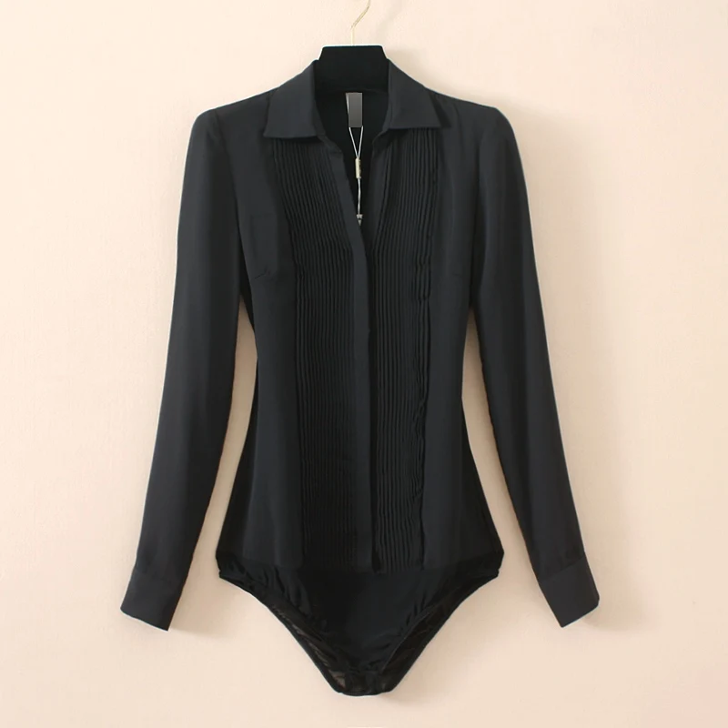 Черный Осень блузка женская рубашка для тела плиссированная Blusas Blusa повседневные рубашки белые топы с длинными рукавами Черные блузки одежда боди - Цвет: Черный