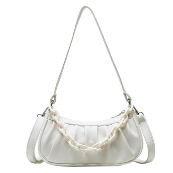 

Lady Solid Color Ruched Bags Women Elegant Acrylic Chain Messenger Shoulder Bag Small Cross-Over Pouch 4 Colors