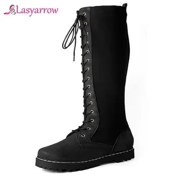 comprar Lasyarrow 2019 Outono Rua Do Punk Goth Plataforma Lace Up Cruz Amarrada Knee High Moto Botas Sapatos Femininos Preto Amarelo Marrom