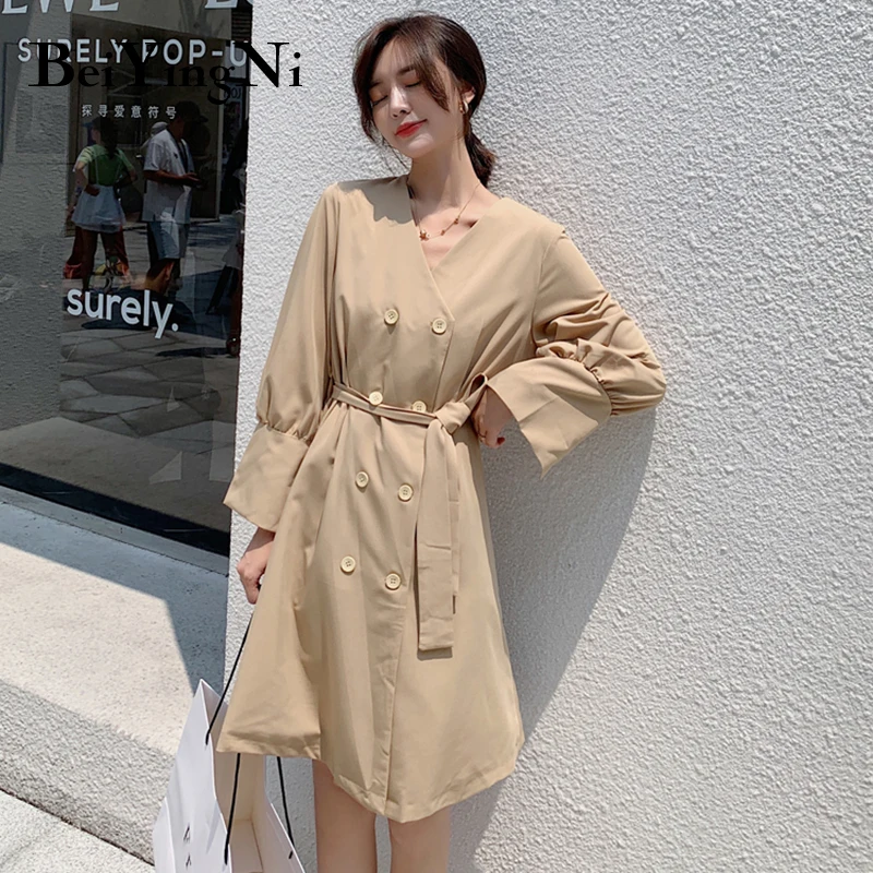

Beiyingni 2019 New Fashion Dress Women Spring Autumn Buttons Belted Office Ladies Dresses V-neck Solid High Street Vestidos OL