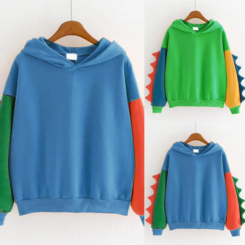  Women Hoodies Fashion Casual Loose Long Sleeve Splice Hoodies Female Dinosaur Sweatshirt Fuuny Tops