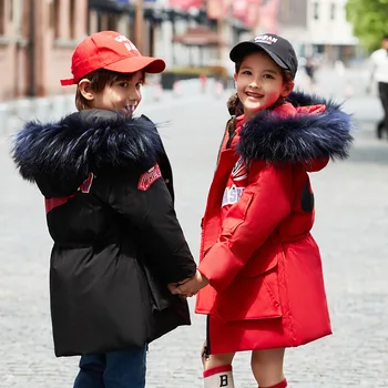 

2020 Children's down jacket new boys and girls mid-length fur collar coat