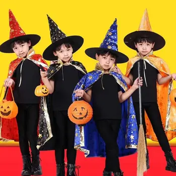 

Unisex Children Bronzing Glitter Star Print Wizard Witch Costume Halloween Cloak with Pointed Hat Kids Cosplay Cape Party Props