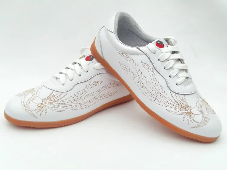 Унисекс воловья кожа Единоборства дракон феникс обувь для выступлений кунг-фу Ушу тайцзи обувь для тренировок - Цвет: white 2 phoenix