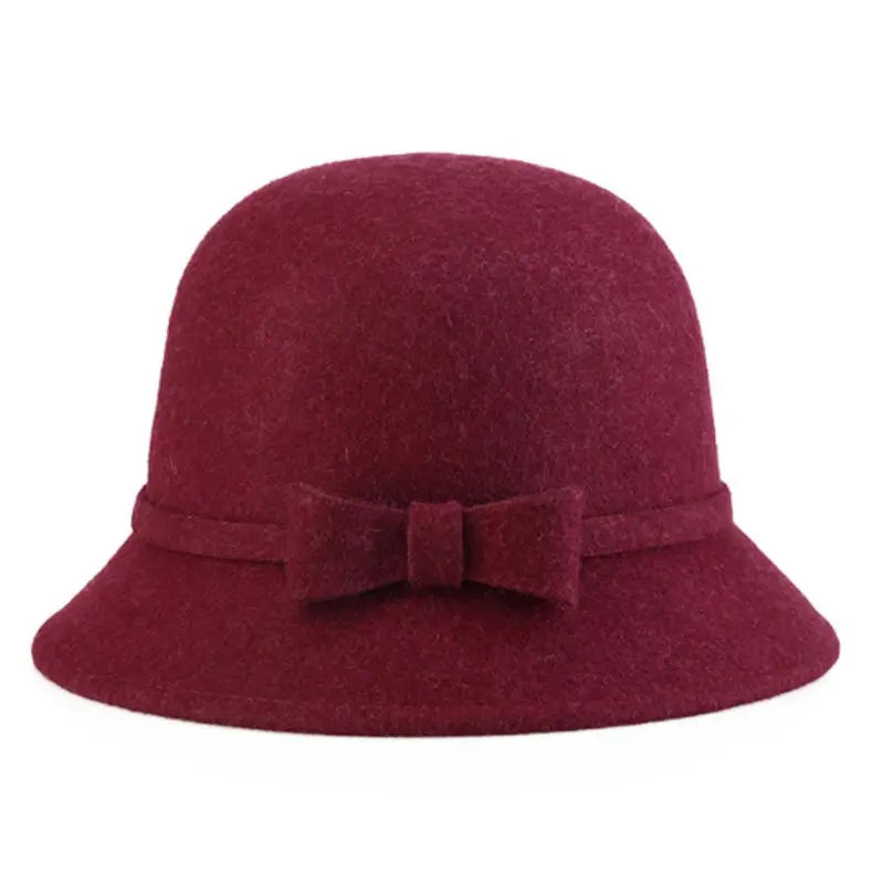 Womens 1920s Vintage Style Faux Wool Cloche Bowler Bucket Hat with Bow Accent