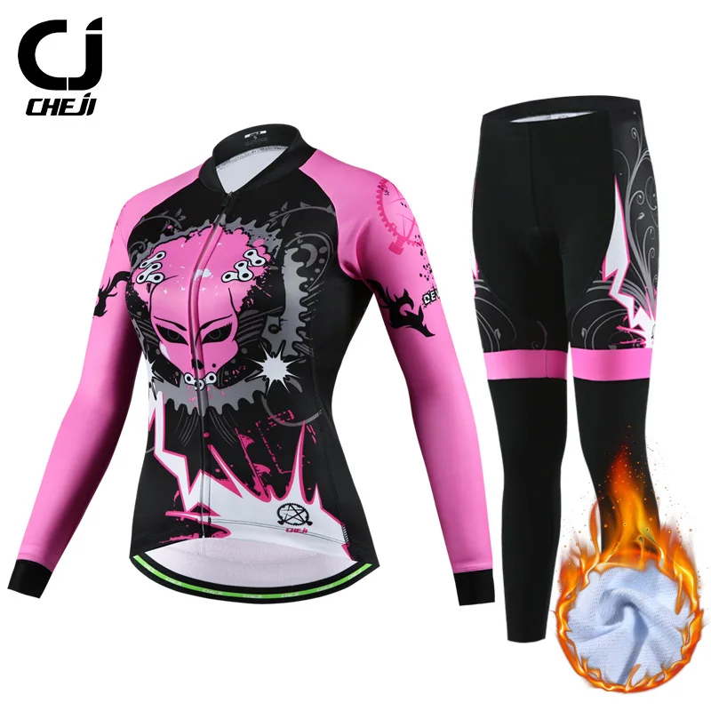 CHEJI Winter Breathable Bicycle Jersey Set Thermal Fleece Long Sleeve Riding Cycling Clothing Windproof Road Bike MTB Clothes - Цвет: 2