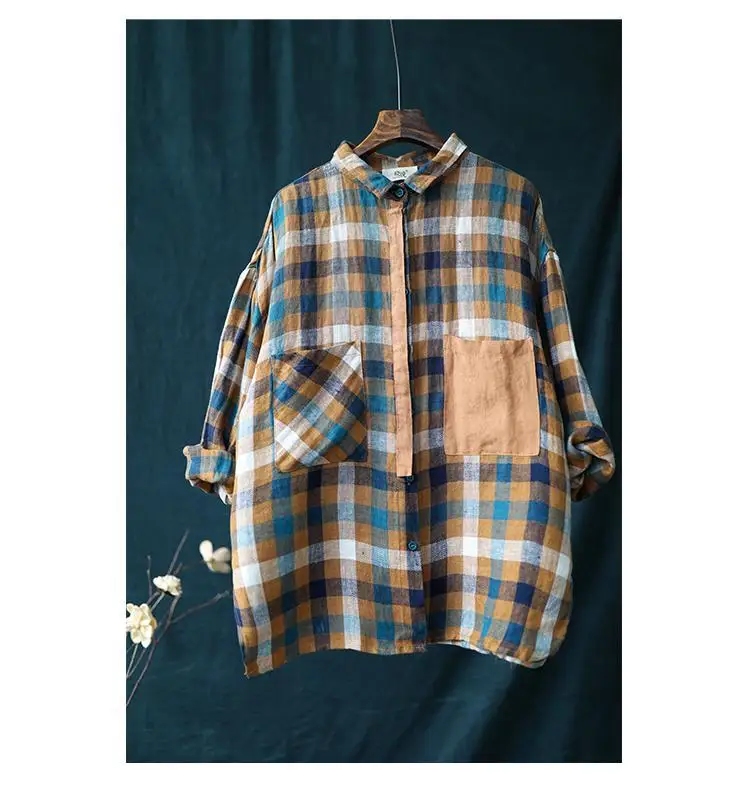 Johnature Autumn Patchwork Pockets Cotton Linen Plaid Turn-down Collar Women Shirts New Leisure Vintage Women Tops Shirts - Цвет: Yellow