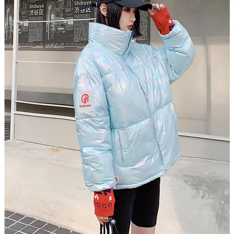 Новая глянцевая женская зимняя куртка Harajuku уличная негабаритная Женская парка теплые хлопковые пуховики - Цвет: Синий
