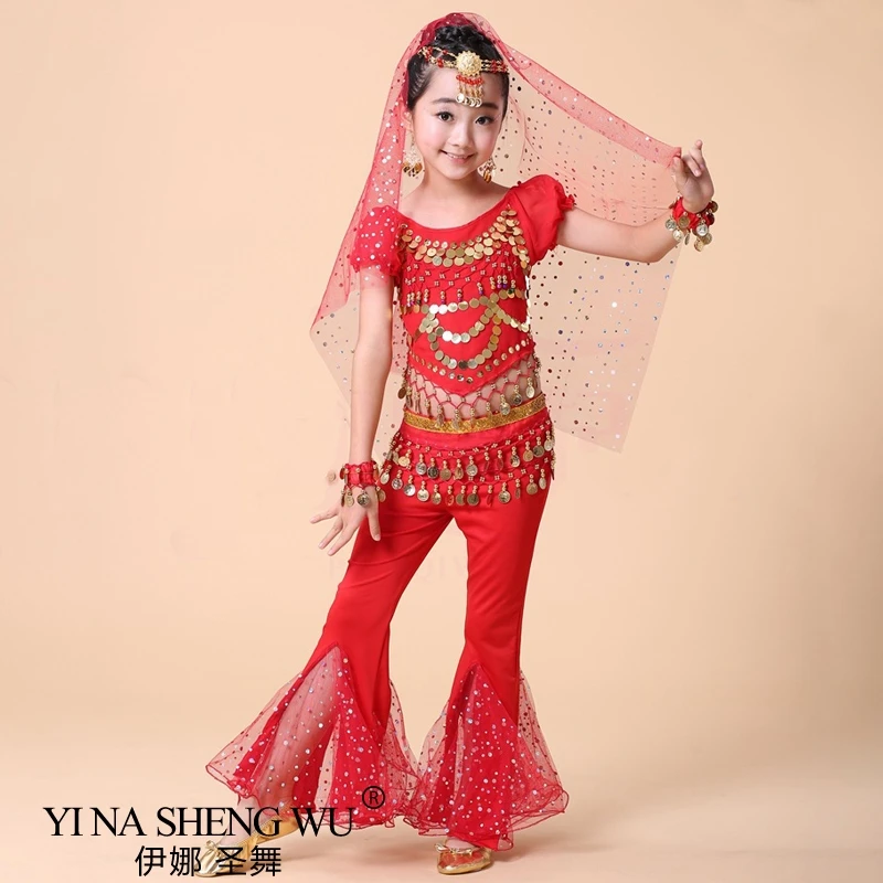 

Children Belly Dance Costume Girls Sequin Stage Performance Indian Oriental Clothes Kids Bollywood Dancing Short Sleeve+Pants