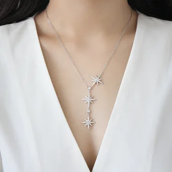 

LISM 925 Sterling Silver Shine Six-Pointed Star Long Pendant Necklace For Women Bridal Charming Sweater Chain 2020