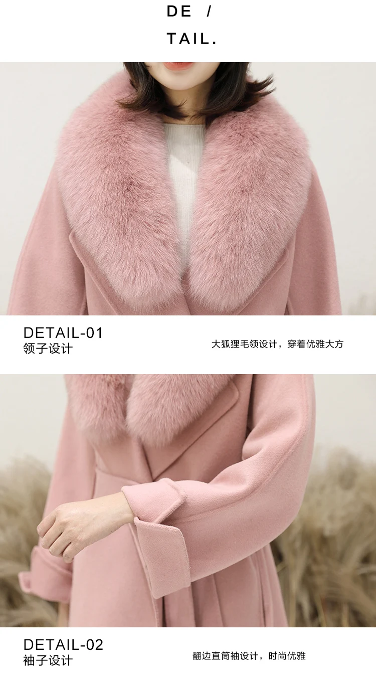 Best Women 2019 Winter Natural Fox Fur Collar Double-Sided Wool Blends Coat Female Thicken Warm Sheep Shearing Long Overcoat 20