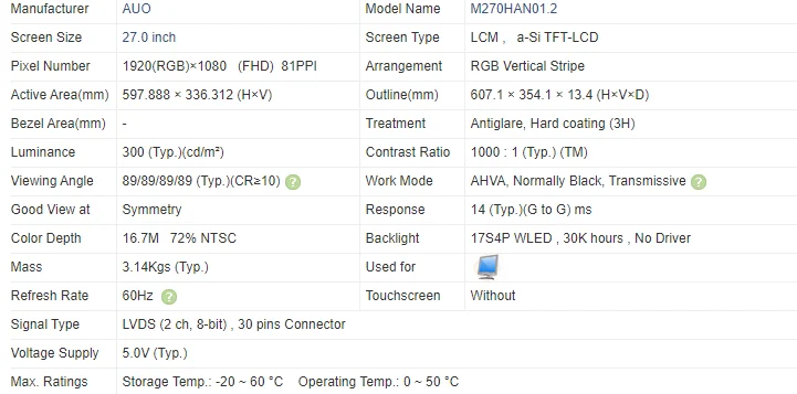 레노버 A540/740 타입 F0AN용 AUO LCD 스크린, 비접촉, 27 인치 M270HVN02.3 M270HVN02.0 M270HVN02.1 M270HVN02.5 M270HVN02.2