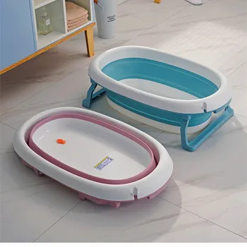 

Foldable Baby Bath with Thermal Silicone Plug Bathtub for Baby Sitting and Lying Children's Bath Tub with Shower Slot Non-slip