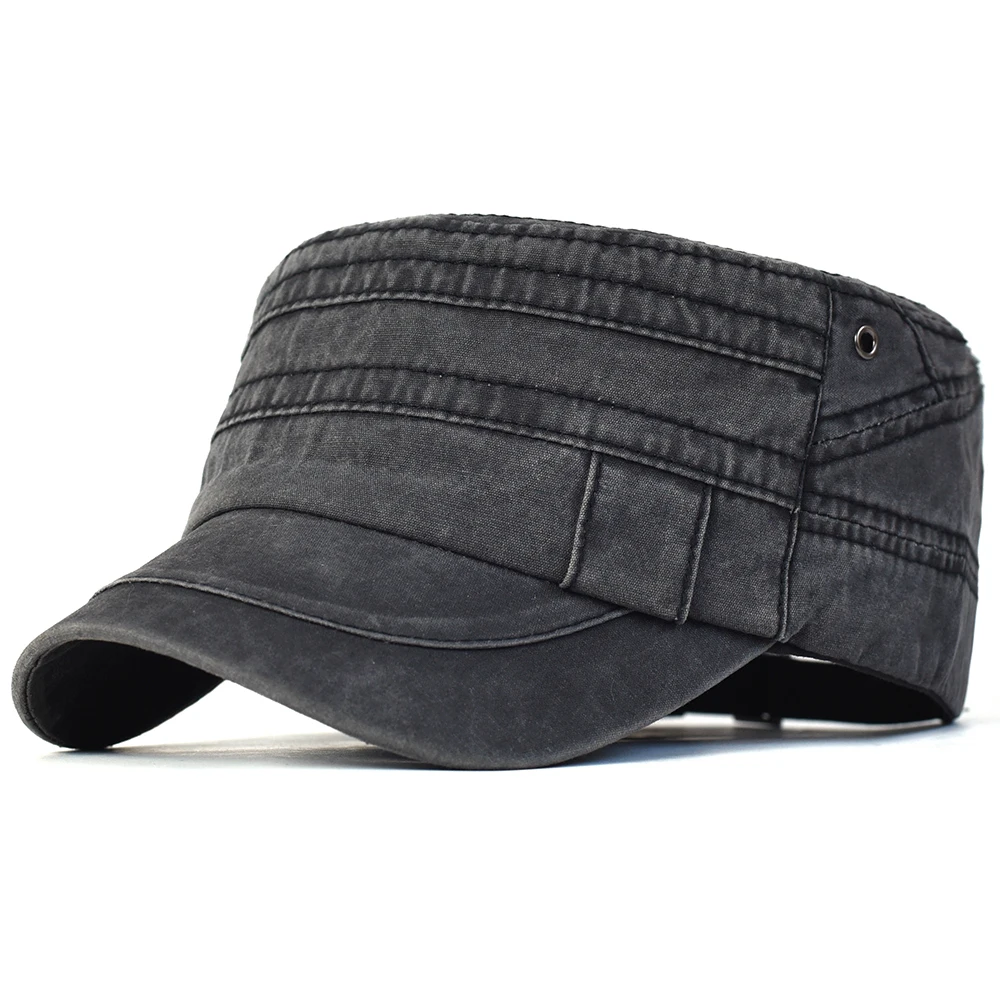 Casual Washed Cotton Flat Top Hat Adjustable Military Caps for Men Women Flat Cap Flat Vintage Cap