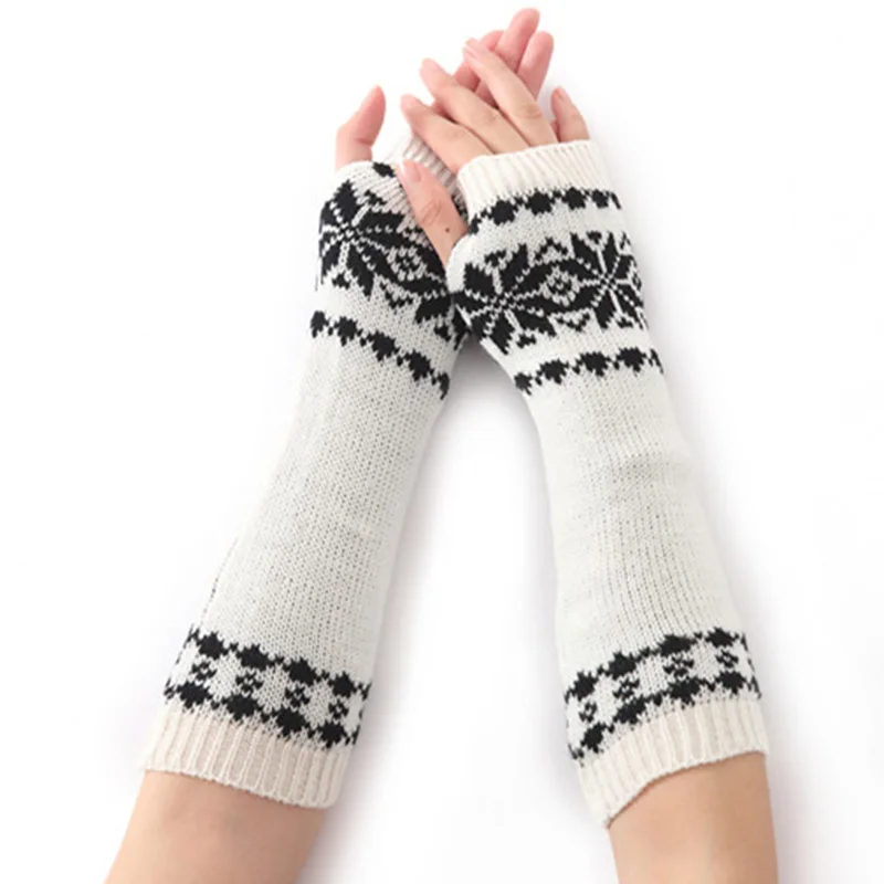 

Winter Women Long Warm Sleeves Mittens Female Snowflake Acrylic Stretch Knit Half Finger Fingerless Arm Warmers Gloves C75