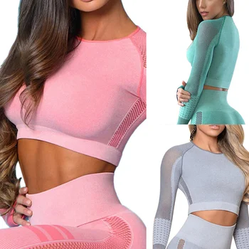 

Seamless gym crop top workout yoga top for women long sleeve seamless yoga shirt stretchy athletic sports wear
