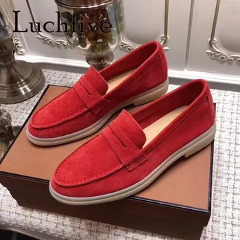 

Luchfive Real Leather Walk Loafers Shoes Women Flats Rubber Sole Square Toe Slip-on Driving Shoes