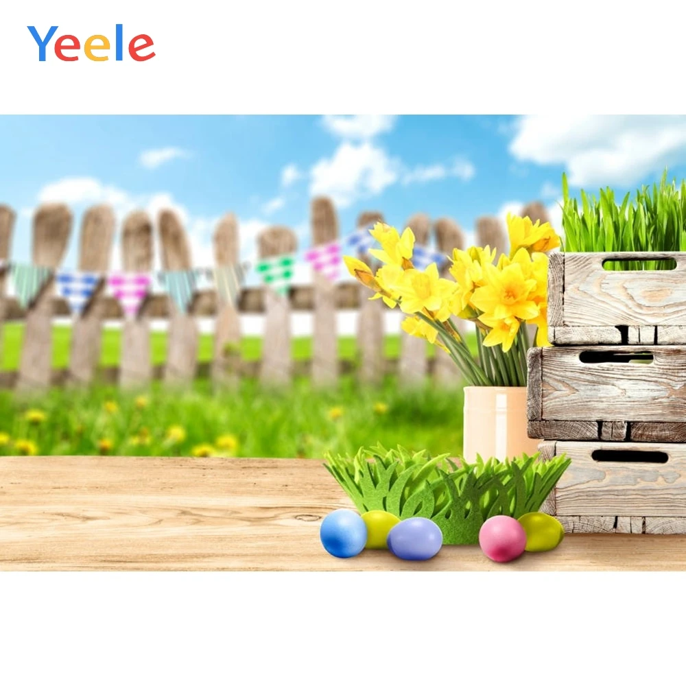 

Spring Easter Eggs Rabbit Flower Fence Scene Baby Shower Birthday Vinyl Backdrop Photography Background For Photo Studio Shoot