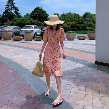 

French flower short sleeve women wrap midi dress summer style tea pink midi dress