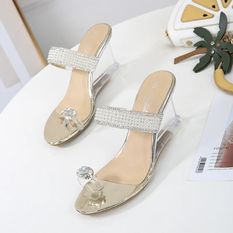 

Women crystal Wedges Shoes PVC HOT Female Slipper pearl Transparent High Heels 8CM Summer Slides Peep Toe Slipper Lazy Shoes