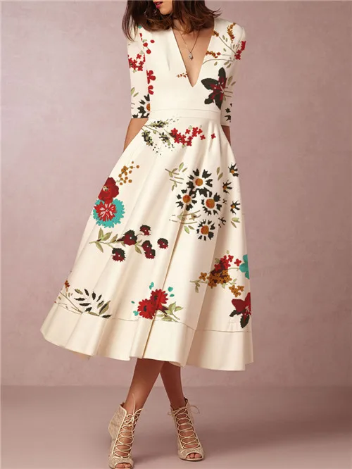 White dress PopReal женское платье трапециевидной формы с v-образным вырезом и коротким рукавом, тонкое платье с принтом, женское летнее винтажное платье, длинное женское платье - Цвет: White dress