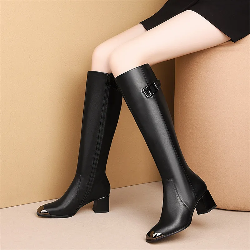 Meotina/зимние сапоги до колена женские высокие сапоги из натуральной кожи на высоком толстом каблуке, на молнии обувь с квадратным носком и пряжкой женская обувь, 33-43