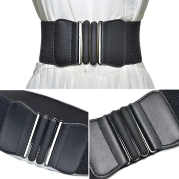 

Lady Solid Color Buckle Wide Faux Leather Elastic Waistband Belt For Jeans Pants