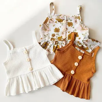 

2 PCS Kids Baby Girl summer Clothes Sleeveless Knitted Vest Tops Dress Flower Shorts Pants sweet girls Floral Outfit Set