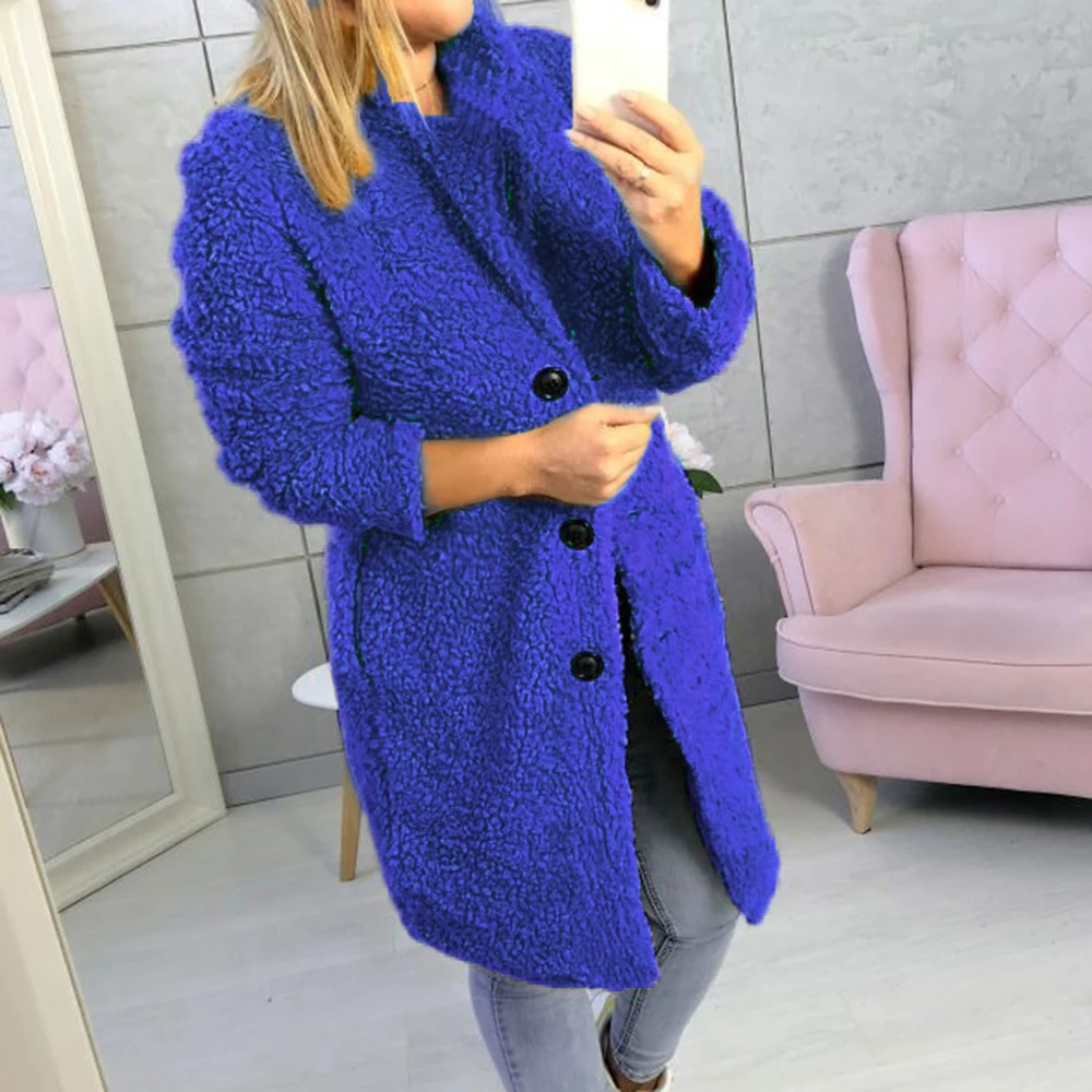 blue 2 Женские Модные осенние зимние теплые пальто, Длинные повседневные шерстяные куртки с отложным воротником, Женские однотонные куртки с пуговицами - Цвет: blue 2